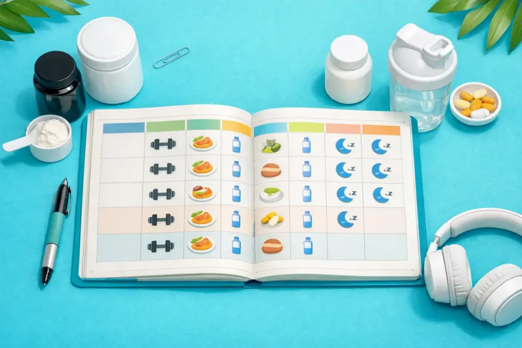 برنامه هفتگی منظم برای مصرف مکملهای لاغری بانوان همراه با آیکونهای تمرین و تغذیه