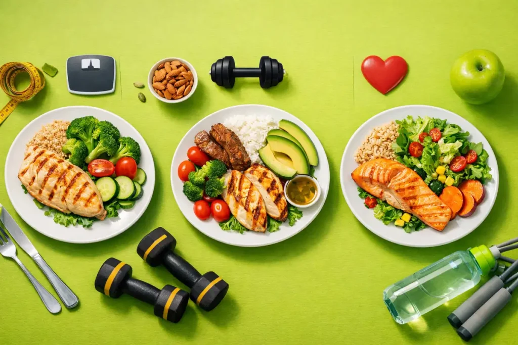 سه بشقاب متفاوت برای هدفهای چربیسوزی، عضلهسازی و تثبیت وزن در یک تصویر آموزشی