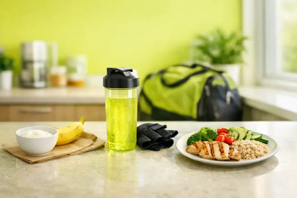 نمای واقعی از وعدههای غذایی قبل، حین و بعد تمرین برای زنان ورزشکار روی میز آشپزخانه