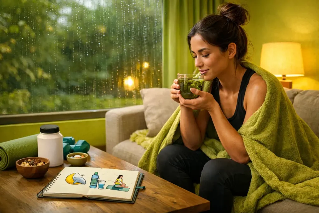 صحنه آرام از زن ورزشکار در حال ریکاوری در خانه با نوشیدنی گرم و ابزار مراقبت