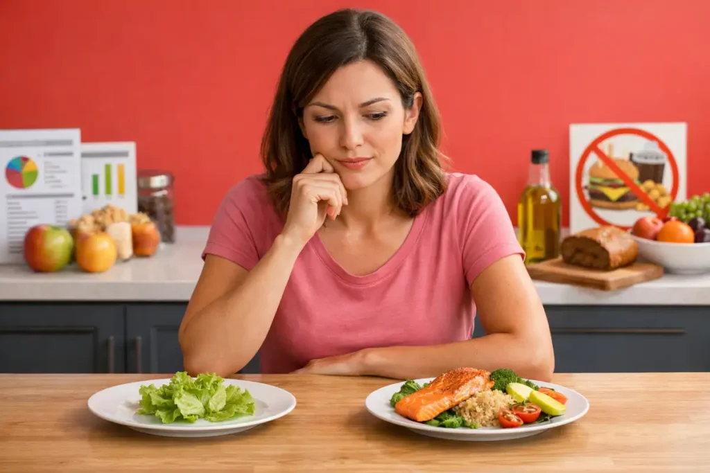 تصویر آموزشی درباره اشتباه حذف کامل گروههای غذایی در رژیم زنان و راهحل جایگزین متعادل