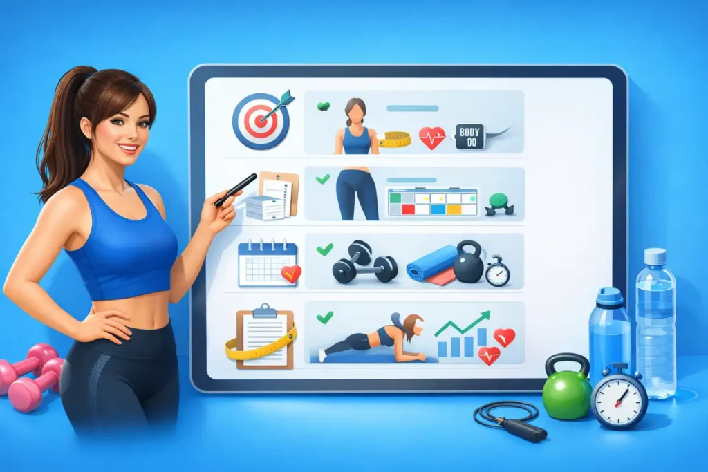 اینفوگرافیک مراحل نوشتن برنامه تمرینی شخصیسازیشده برای بانوان با نمایش هدفگذاری، ارزیابی بدن و پیگیری پیشرفت