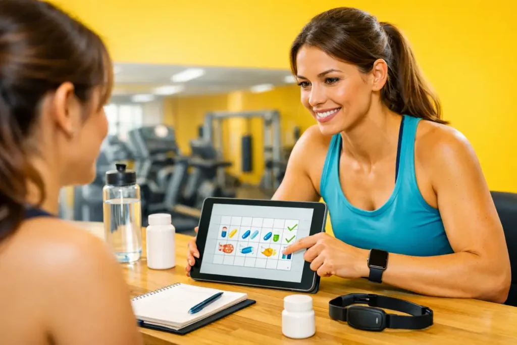 مربی زن در حال برنامهریزی مصرف ایمن و هوشمندانه مکملها با یک مراجعهکننده