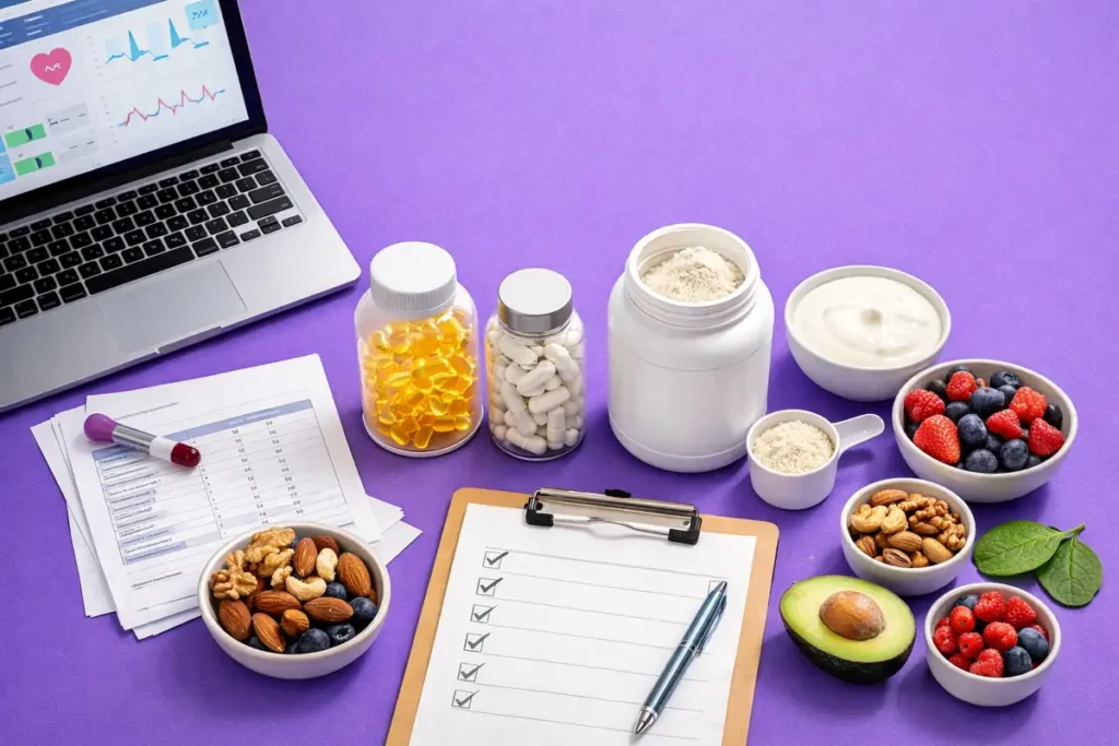 چیدمان منظم مکملهای ایمن همراه با غذاهای سالم و برگه آزمایش روی میز