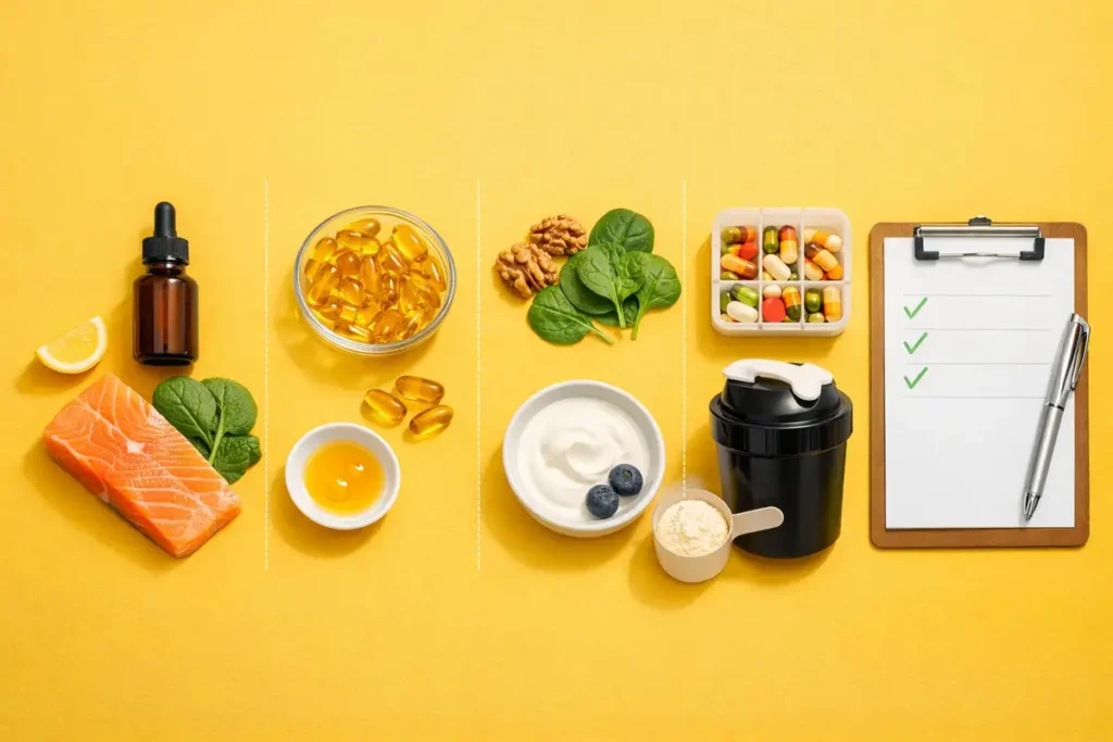 نمای تخت از مکملهای ایمن برای مصرف طولانیمدت همراه با نشانههای غذایی سالم