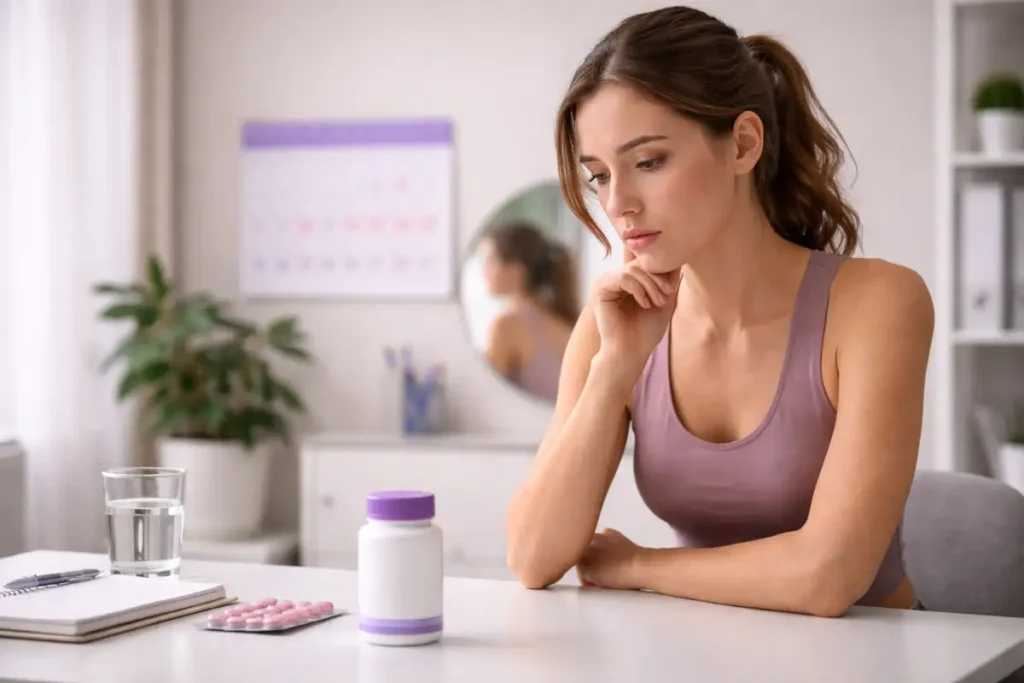 زن در اتاق مشاوره در حال نگاه کردن به مکمل هورمونی و تقویم قاعدگی