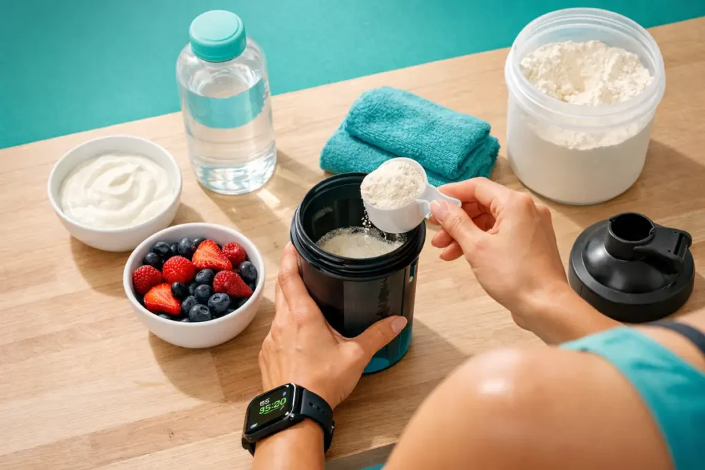 آماده کردن شیک پروتئین وی برای ریکاوری و سفت شدن عضلات زنان