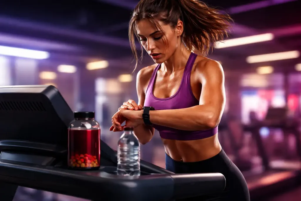 زن روی تردمیل با ضربان قلب بالا در کنار قرص چربیسوز محرک