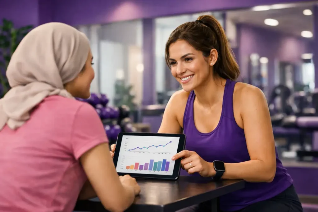 صحنه مشاوره مربی فیتنس با مراجع درباره تنظیم تمرین با چرخه قاعدگی