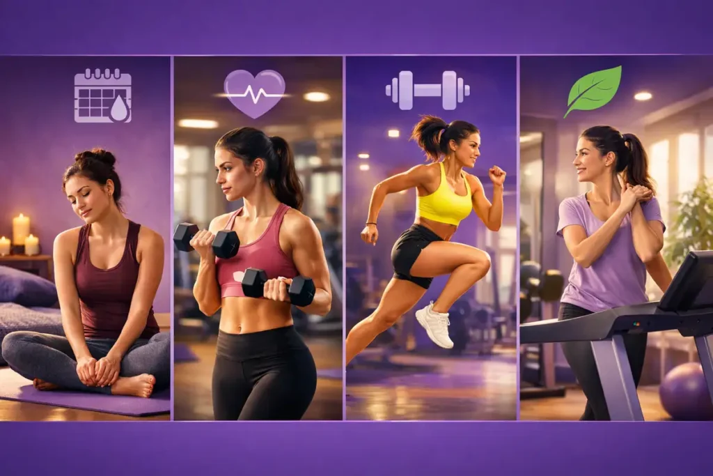 تصویر آموزشی چهار فاز چرخه قاعدگی با نوع تمرین مناسب برای هر فاز