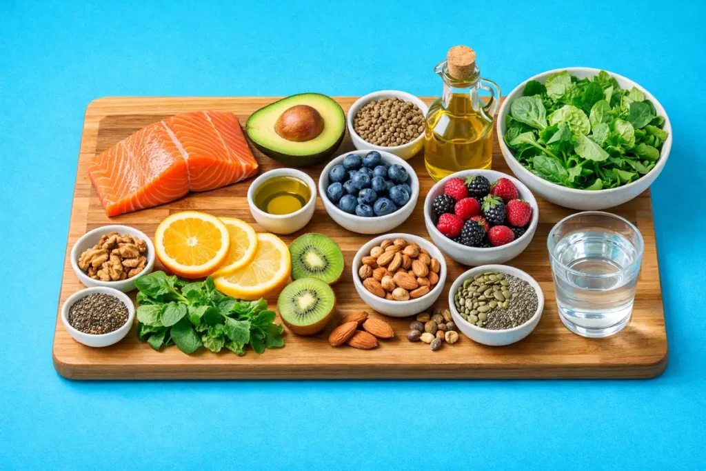 چیدمان از بالا با بهترین مواد غذایی برای کاهش سلولیت شامل ماهی، سبزیجات و میوهها