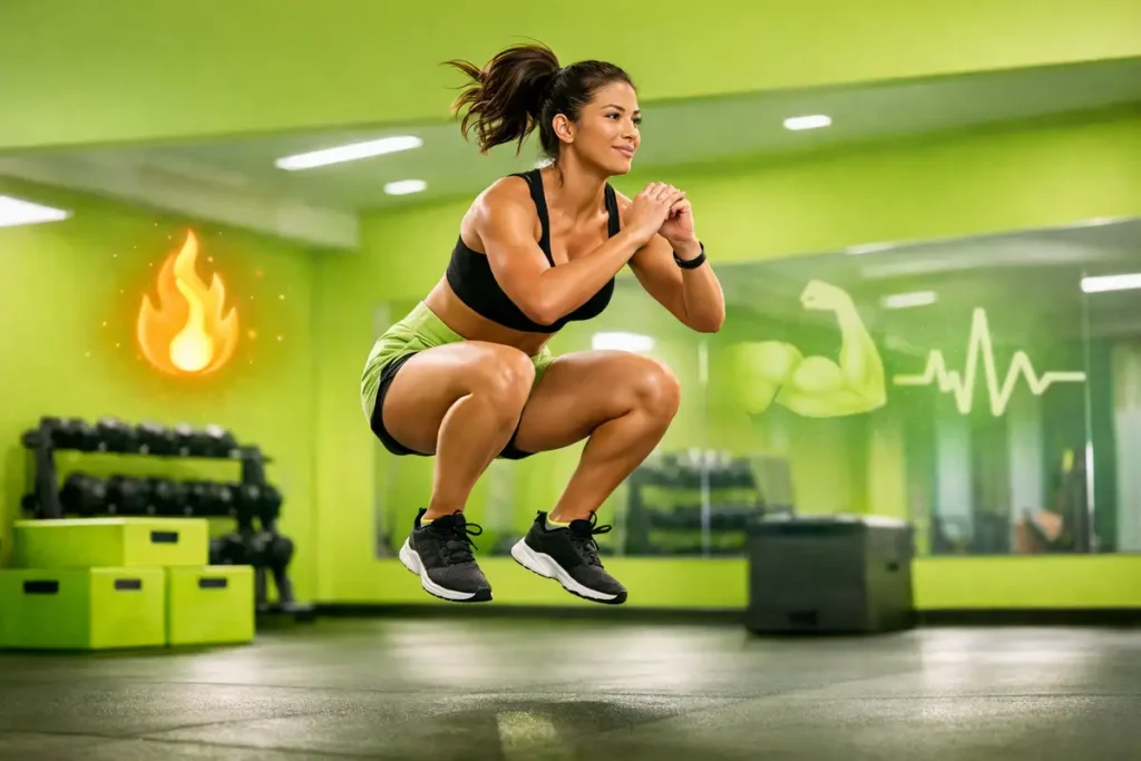 نمای واقعی از بانویی در حال جامپ اسکوات که فواید تمرینات پلایومتریک برای بانوان را نشان میدهد